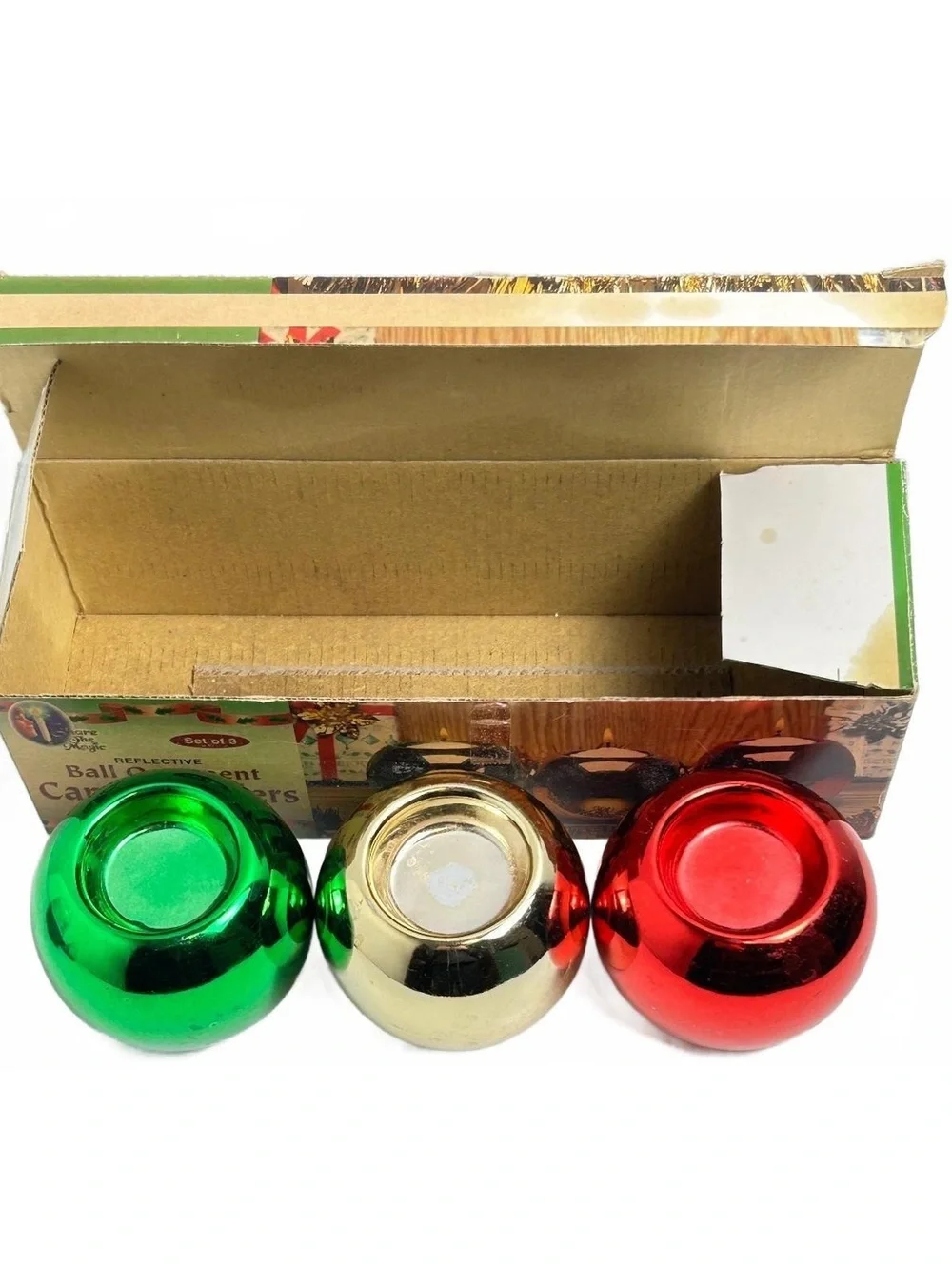 Set of Three Reflective Christmas Ornament Votive Candle Holders